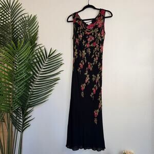 Vintage Paradise NY Beaded Floral Maxi Dress Cowl Neck Whimsigoth Gown L